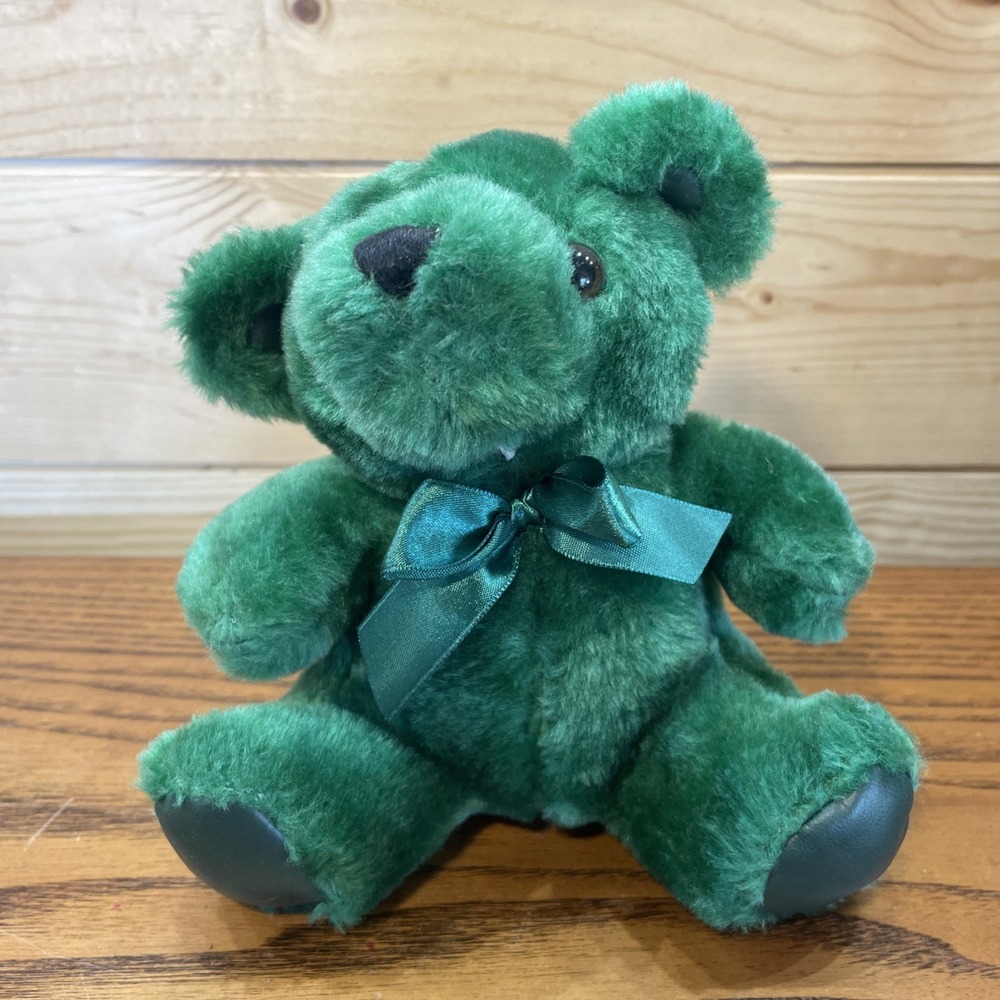Vintage Green Plush Teddy Bear 7" With Bow Plush Toy Plush In A Rush Texas